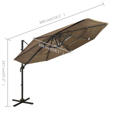 vidaXL 4-stupňový slnečník s hliníkovou tyčou sivohnedý 3x3 m