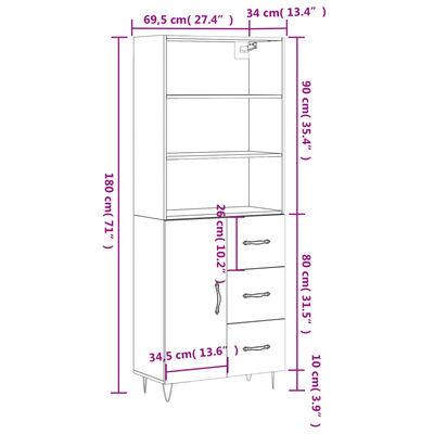 vidaXL Vysoká skrinka hnedý dub 69,5x34x180 cm spracované drevo