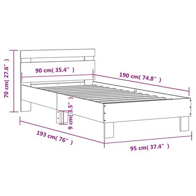 vidaXL Posteľný rám s čelom a LED svetlami betónovo sivý 90x190 cm