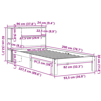 vidaXL Posteľ s knižnicou bez matraca 90x200 cm borovicový masív