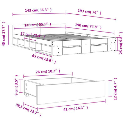 vidaXL Posteľný rám so zásuvkami dub sonoma 140x190cm kompozitné drevo