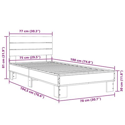 vidaXL Posteľný rám hnedý dub 75x190 cm kompozitné drevo a kov