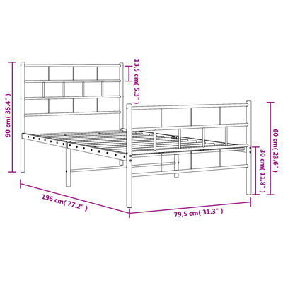 vidaXL Kovový rám postele s čelom a podnožkou biely 75x190 cm