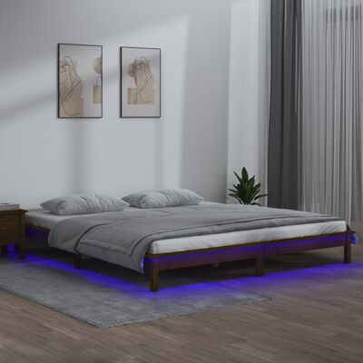 vidaXL Posteľný rám s LED, medový 150x200 cm, King, drevený masív