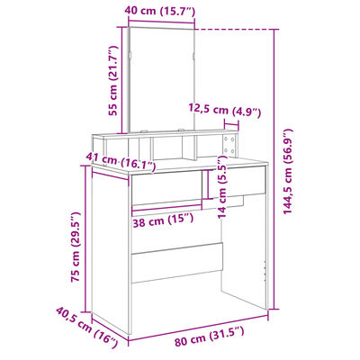 vidaXL Toaletný stolík so zrkadlom biely 80x41x144,5 cm