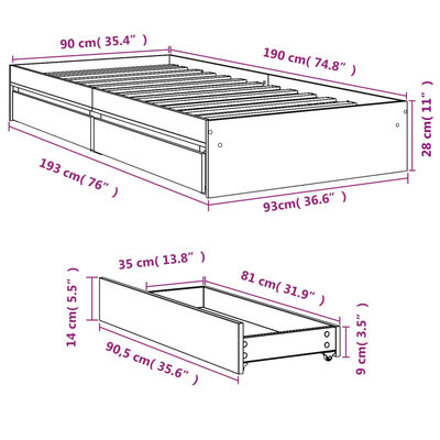 vidaXL Posteľný rám so zásuvkami dymový dub 90x190 cm kompozitné drevo