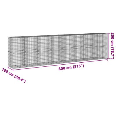 vidaXL Gabiónový kôš s krytom 800x100x200 cm pozinkované železo