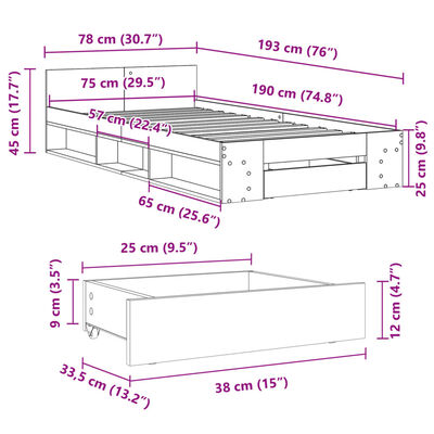 vidaXL Posteľný rám so zásuvkou dub sonoma 75x190 cm kompozitné drevo