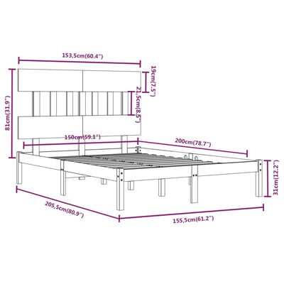 vidaXL Posteľný rám borovicový masív 150x200 cm 5FT King Size