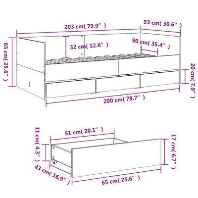 vidaXL Váľanda so zásuvkami bez matraca betónovosivá 90x200 cm