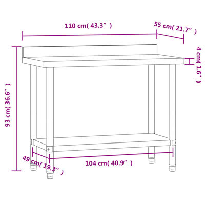 vidaXL Kuchynský pracovný stôl so zástenou 110x55x93 cm oceľ