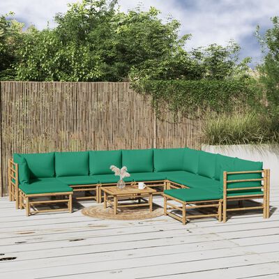 vidaXL 11-dielna záhradná sedacia súprava zelené vankúše bambus