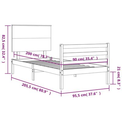 vidaXL Posteľný rám s čelom biely 90x200 cm masívne drevo