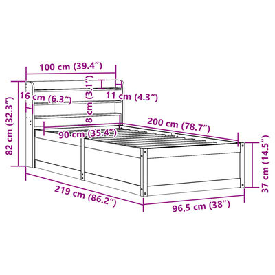 vidaXL Posteľný rám s čelom biely 90x200 cm masívna borovica