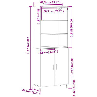 vidaXL Vysoká skrinka dymový dub 69,5x34x180 cm spracované drevo