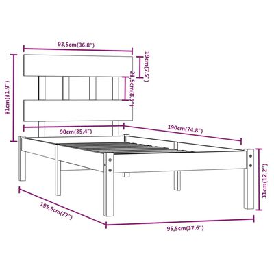 vidaXL Posteľný rám čierny masívne drevo 90x190 cm 3FT6 jednolôžko