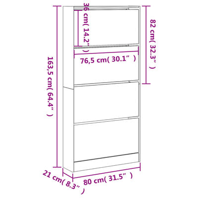 vidaXL Botník so 4 výklopnými zásuvkami sivý dub sonoma 80x21x163,5 cm