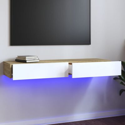 vidaXL TV skrinka s LED svetlami biela a dub sonoma 120x30x15,5 cm