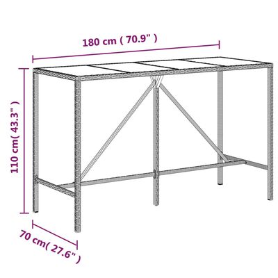 vidaXL Barový stôl so sklenenou doskou hnedý 180x70x110 cm polyratan