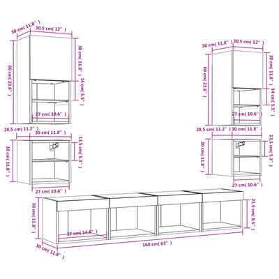 vidaXL 8-dielne TV nástenné skrinky s LED dymový dub kompozitné drevo