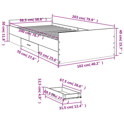 vidaXL Posteľný rám so zásuvkami sivý sonoma 100x200cm kompozit. drevo