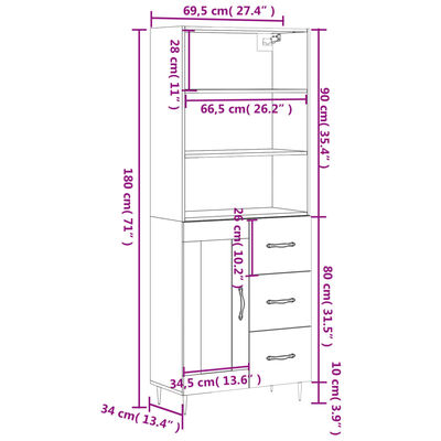 vidaXL Vysoká skrinka hnedý dub 69,5x34x180 cm spracované drevo