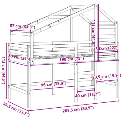 vidaXL Vyvýšená posteľ rebrík strecha 80x200 cm masívna borovica