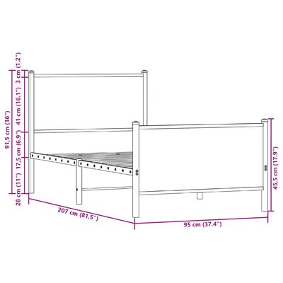 vidaXL Kovový posteľný rám s predným a zadným čelom hnedý dub 90x200cm