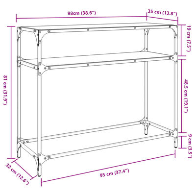 vidaXL Konzolový stolík priehľadná sklenená doska 98x35x81 cm oceľ