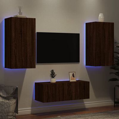 vidaXL 4-dielne TV nástenné skrinky s LED hnedý dub kompozitné drevo