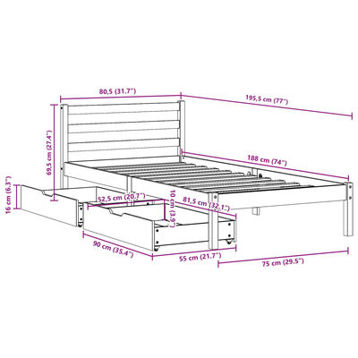 vidaXL Posteľ bez matraca biela 75x190 cm masívna borovica