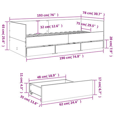 vidaXL Váľanda so zásuvkami bez matraca dub sonoma 75x190 cm