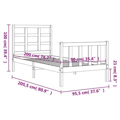 vidaXL Posteľný rám s čelom biely 90x200 cm masívne drevo