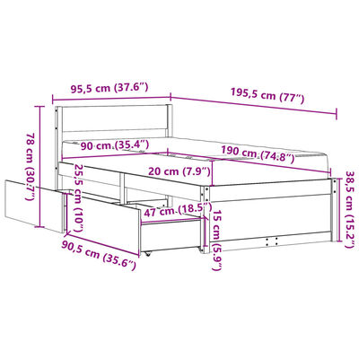 vidaXL Posteľ so zásuvkami a matracom biela 90x190cm masívna borovica