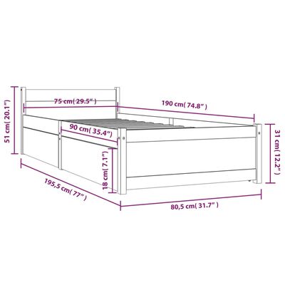 vidaXL Rám postele so zásuvkami biely 75x190 cm malé jednolôžko