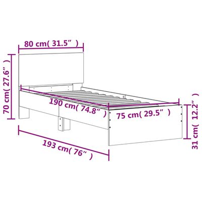 vidaXL Posteľný rám s čelom a LED svetlami hnedý dub 75x190 cm