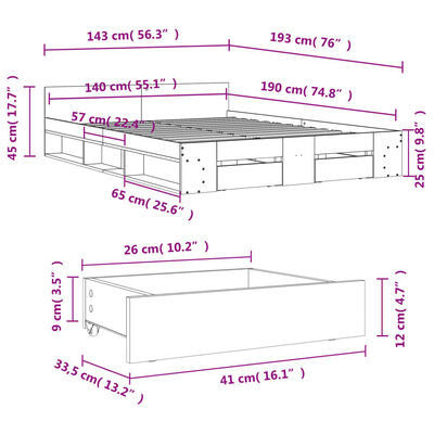 vidaXL Posteľný rám so zásuvkami dymový dub 140x190cm kompozitné drevo