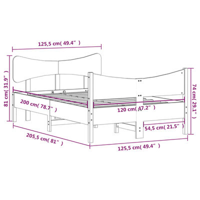 vidaXL Posteľný rám s čelom 120x200 cm borovicový masív