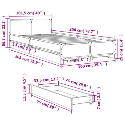 vidaXL Posteľný rám so zásuvkami dymový dub 100x200cm kompozitné drevo