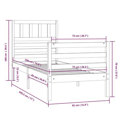 vidaXL Posteľný rám 75x190 cm malé jednolôžko masívne drevo