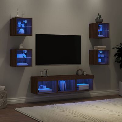 vidaXL 7-dielne TV nástenné skrinky s LED hnedý dub kompozitné drevo