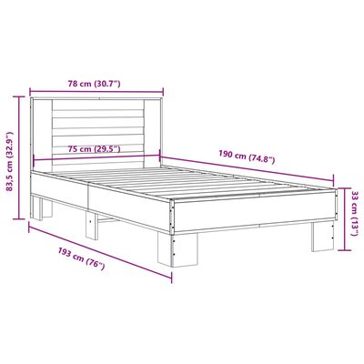 vidaXL Posteľný rám hnedý dub 75x190 cm kompozitné drevo a kov