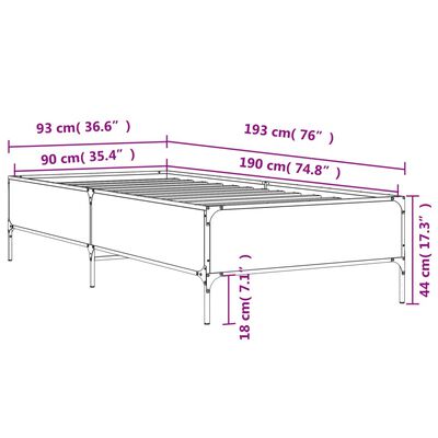 vidaXL Posteľný rám sivý sonoma 90x190 cm kompozitné drevo a kov