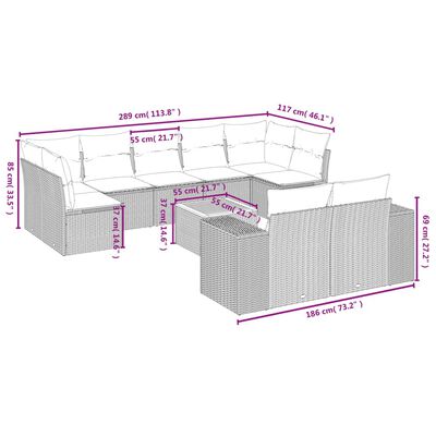 vidaXL 10-dielna záhradná sedacia súprava s vankúšmi polyratanová sivá