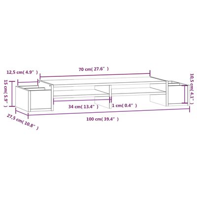 vidaXL Stojan na monitor sivý 100x27,5x15 cm masívna borovica