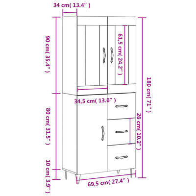 vidaXL Vysoká skrinka sivý dub sonoma 69,5x34x180 cm spracované drevo