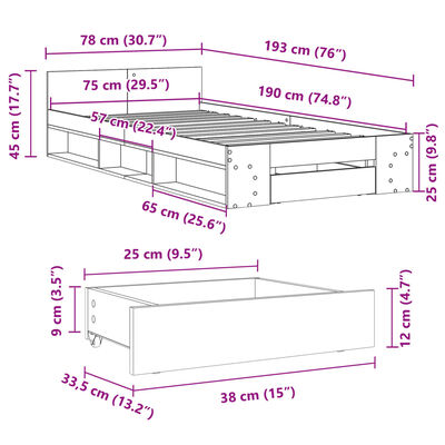 vidaXL Posteľný rám so zásuvkou betónovosivý 75x190 cm kompozit.drevo