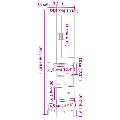 vidaXL Vysoká skrinka biela 34,5x34x180 cm spracované drevo