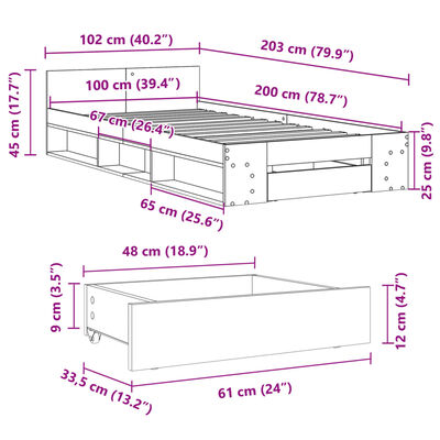 vidaXL Posteľný rám so zásuvkou sivý sonoma 100x200 cm kompozit. drevo