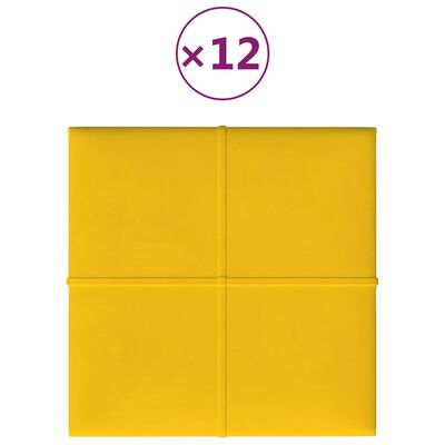 vidaXL Nástenné panely 12 ks žlté 30x30 cm zamatové 1,08 m²